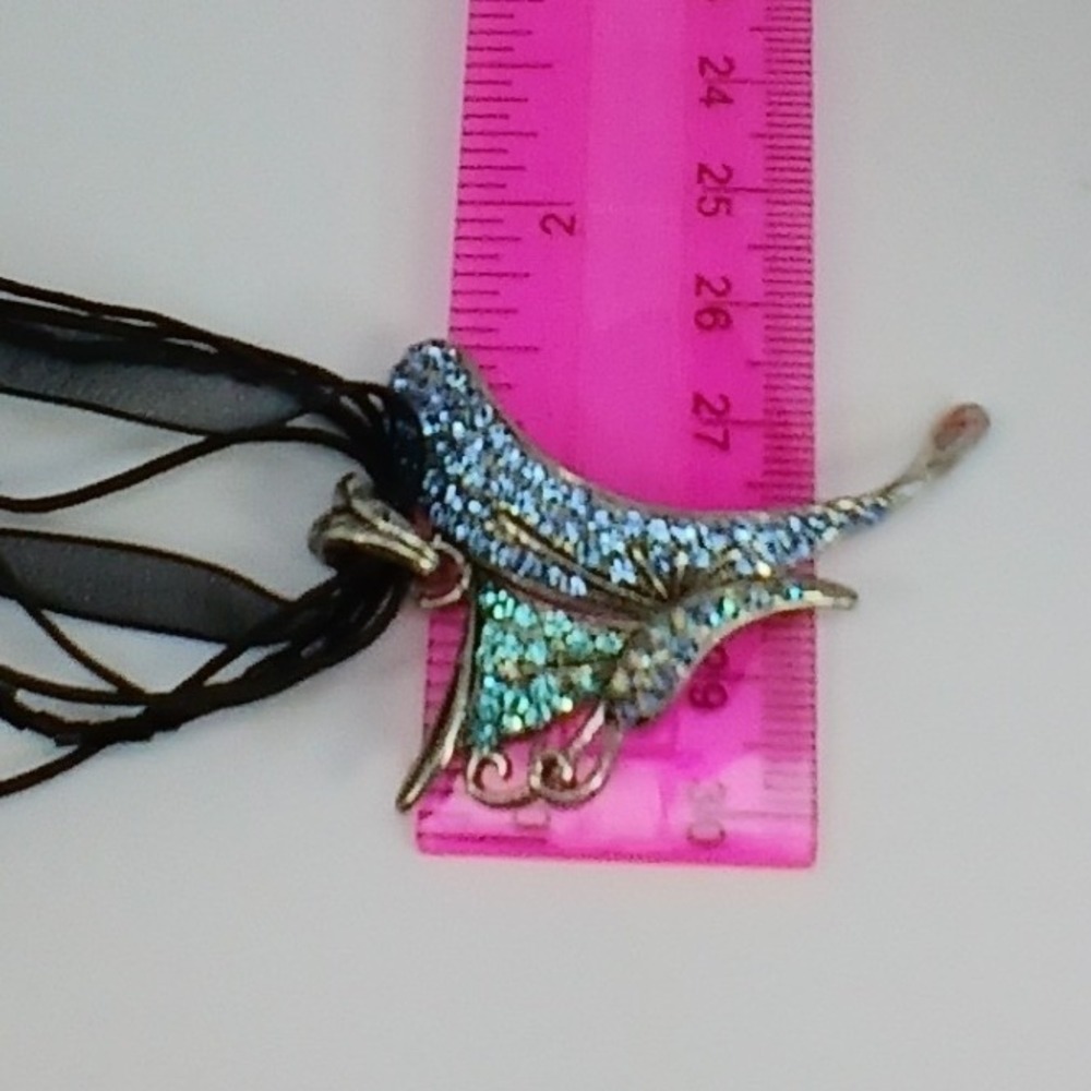 Blue Rhinestone Butterfly Pendant Multi Strand Black Ribbon Necklace Chocker NOS - Picture 5 of 17